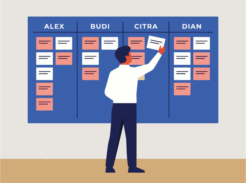 A man delegating tasks on a Kanban board
